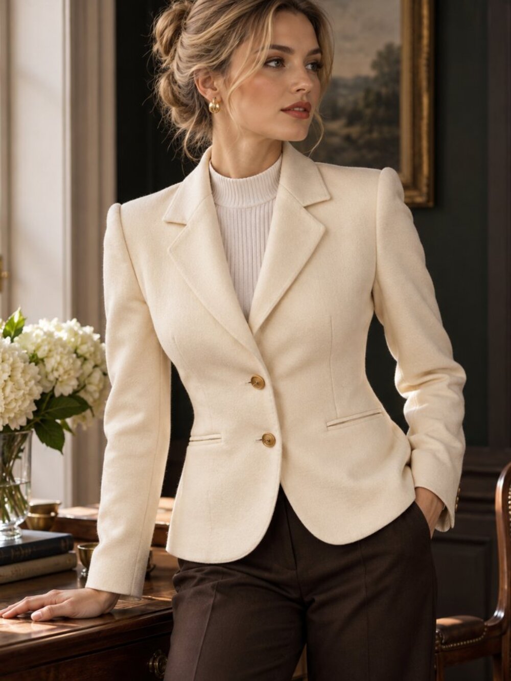 Vintage The Villager Petites Size 8 Ivory 100% Wool Tailored Blazer USA Union